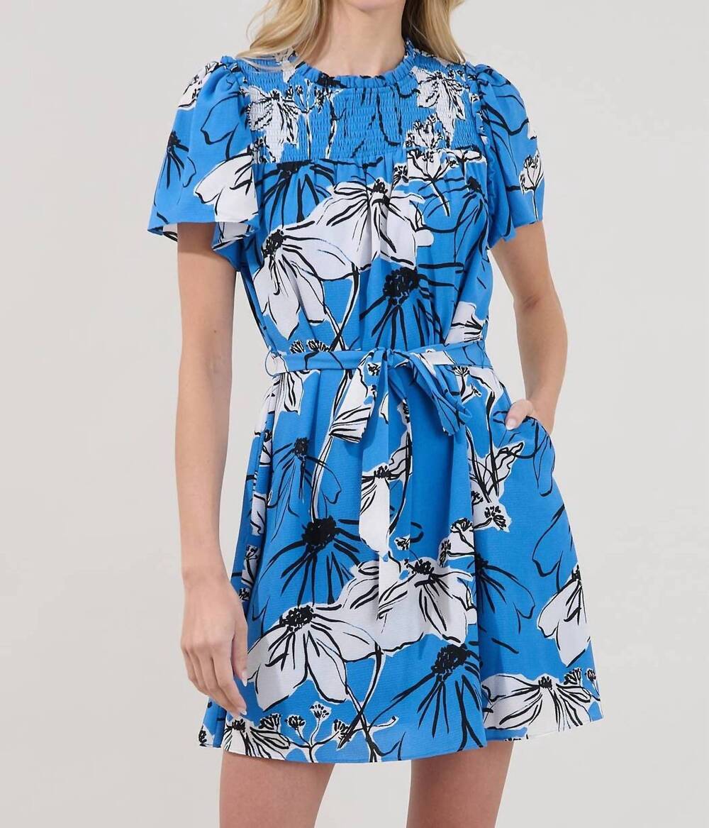 NEW SUGARLIPS uriella kanes floral smocked mini dress in blue multi